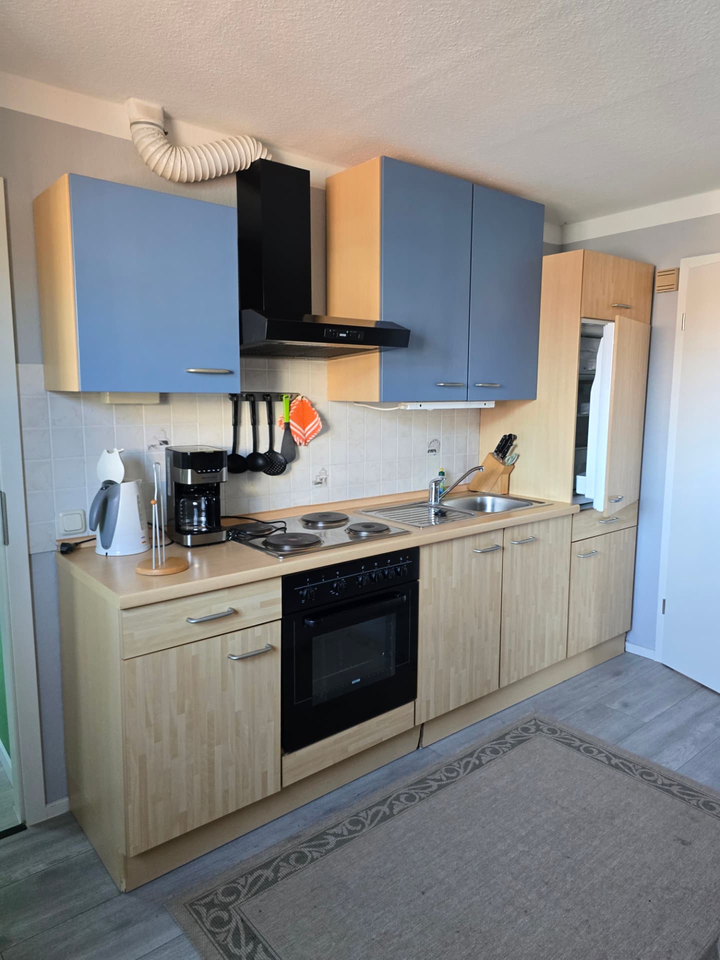 Küchenzeile mit Backofen, Dunstabzugshaube und blauen Oberschränken in der Muscheln Wohnung