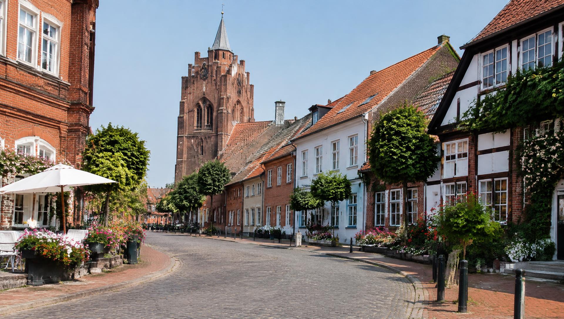 Kopfsteinpflasterstraße mit Backstein- und Fachwerkhäusern und Kirchturm